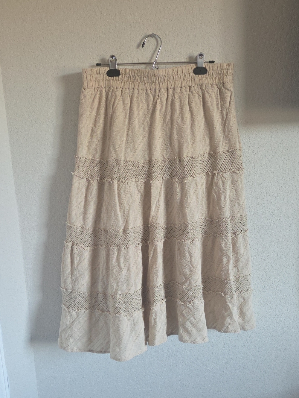 Krazy Kat XL Boho Tiered Maxi Skirt Cream Lace Crochet Panel Skirt